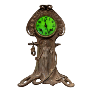 Early 20th Century Cast Metal Art Nouveau Uranium Glass Clock by Ansonia