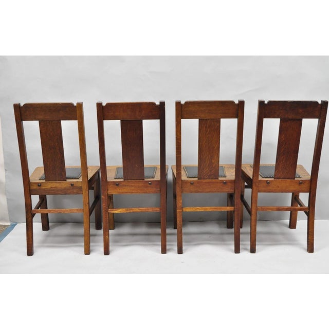 Antique Mission Oak Arts & Crafts T-Back Limbert Style Dining Chairs - Set of 4 For Sale - Image 12 of 18