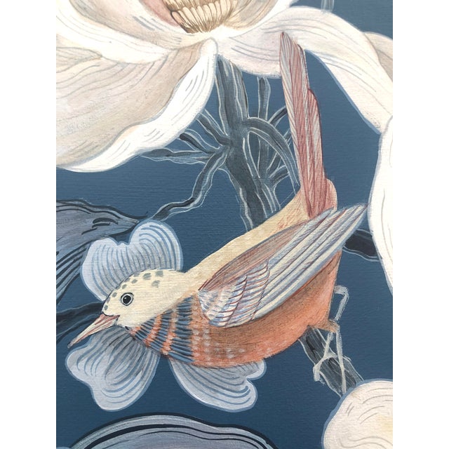 Inspired by traditional Chinoiserie bird painting, "Look No Feather" is an exquisite blue and white forever work of art....