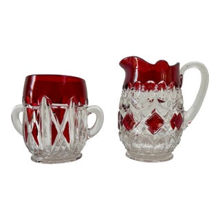 Art Deco Chic Red Cranberry Sugar & Creamer Set - Set of 2 For Sale