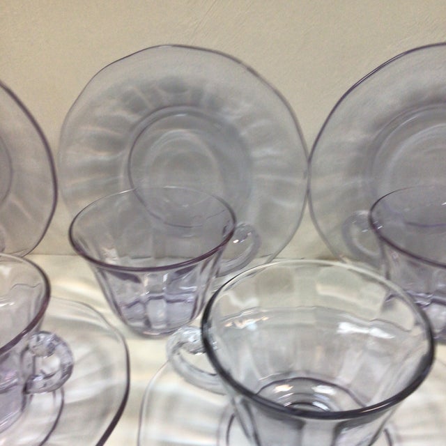 Art Deco Lafayette Wisteria Glass Cups and Saucers by Fostoria - Set of 9 For Sale - Image 11 of 11