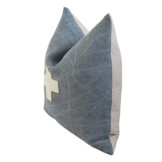 French Blue and Cream Appliqué Cross Wool & Linen Feather/Down Pillow For Sale - Image 4 of 6