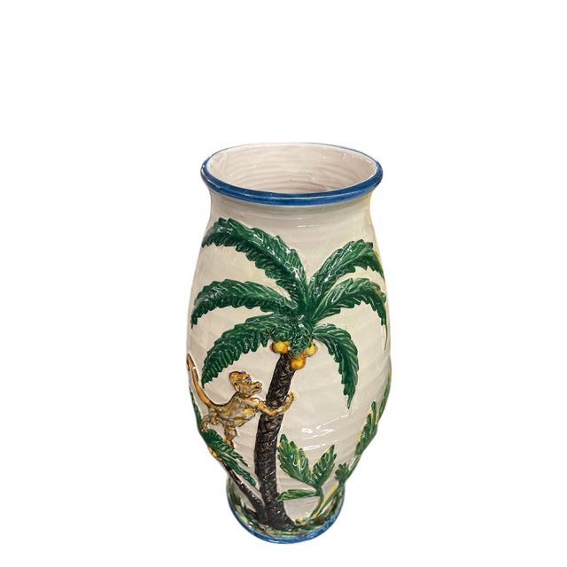 Italian Whimsical Italian Relief Ceramic Monkey & Palm Tree Vase For Sale - Image 3 of 9