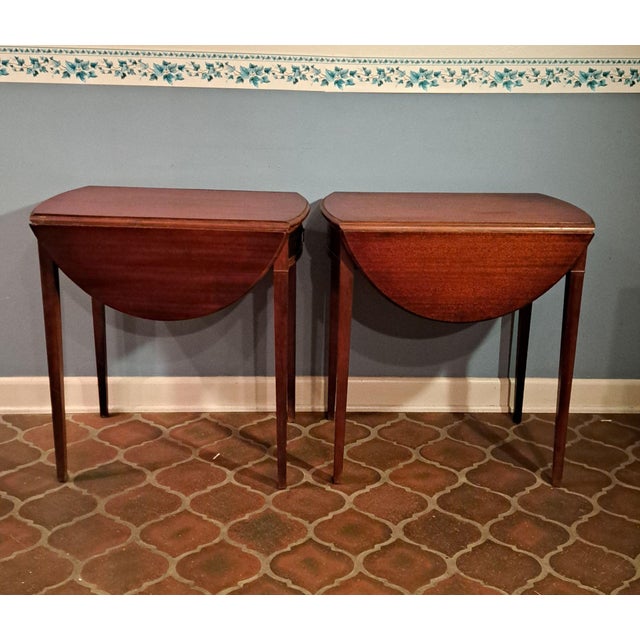 Mid 20th Century Mid 20th Century Pair of Hickory Chair Style Drop Leaf Side Tables With Fan Inlay and Brass Pulls For Sale - Image 5 of 12