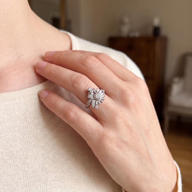 1940's Platinum Round and Baguette Diamond Dinner Ring, Size 5.75 For Sale - Image 4 of 5
