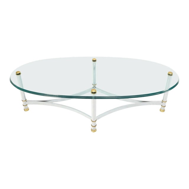 Brass Chrome Thick 3/4" Glass Top Mid Century Modern Oval Coffee Center Table For Sale