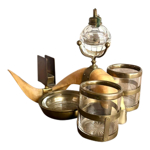 Antique Horn and Brass Desk Standish or Smoking Set