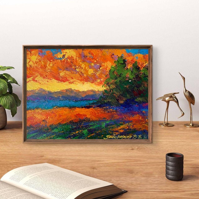 The painting titled ""Windy Evening"" captures the vibrant and dramatic essence of a breezy, colorful evening in nature....