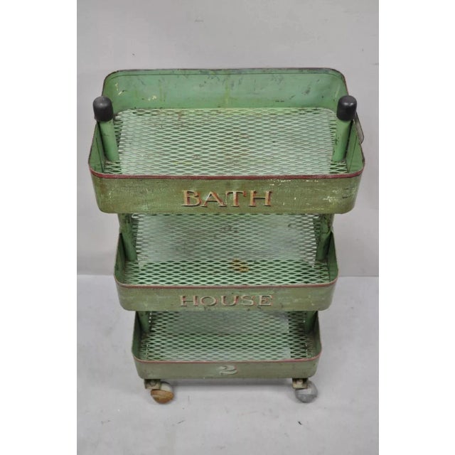 Antique "Bath House 2" Green Painted Metal 3 Tier Rolling Bathroom Trolley Cart For Sale In Philadelphia - Image 6 of 12