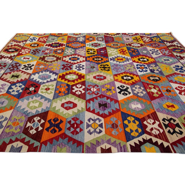1960s Vintage Turkish Kilim Flatweave Multicolor Geometric Designed Wool Rug For Sale - Image 5 of 9