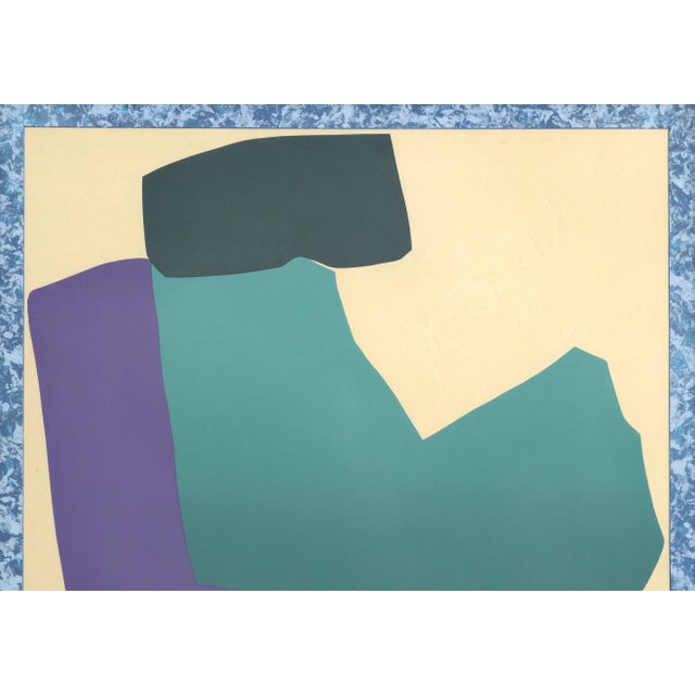 Bold geometric screen print with purple and teal composition by an unknown artist (American, 20th Century). Texture has...