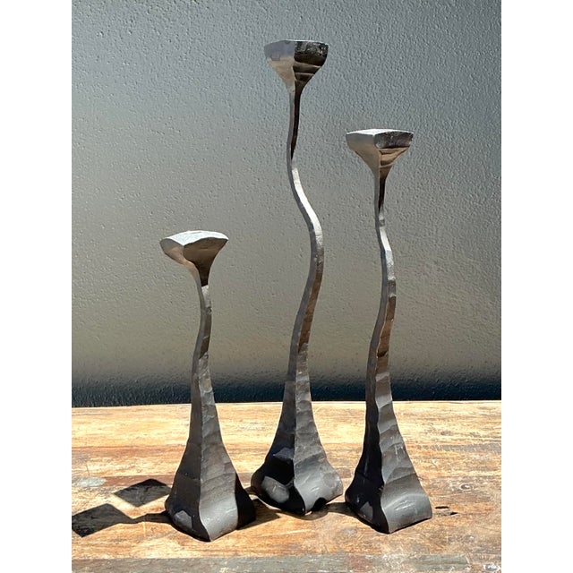 Vintage 1988 Hammered Iron Candlesticks - Set of 3 For Sale - Image 4 of 12