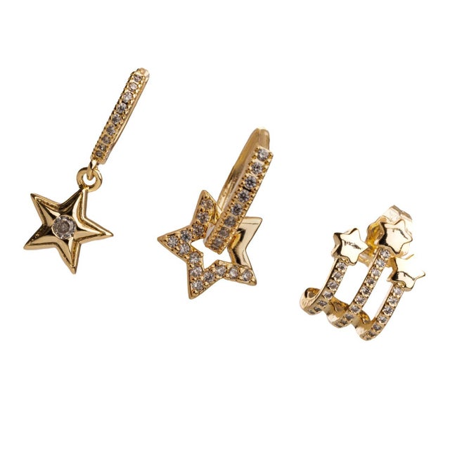Contemporary Trio Gold & Diamond Sparkly Star Earrings, 3 Pieces For Sale - Image 3 of 10
