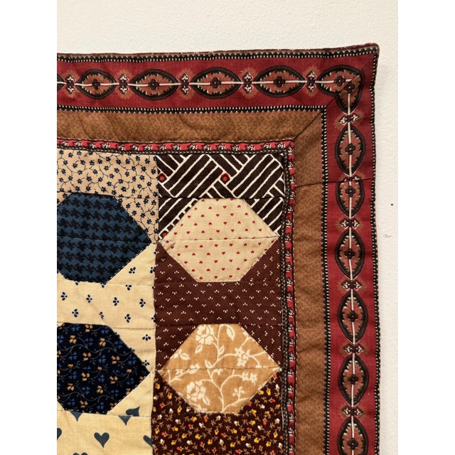Textile Traditional Americana Geometric Quilted Textile Art, Brown, Navy, Cream For Sale - Image 7 of 12