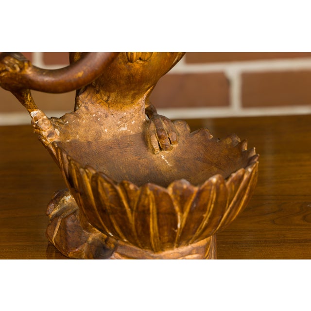 Mid-Century Modern Italian Midcentury Carved Wooden Bowl with Crane and Leaf Motifs For Sale - Image 3 of 12