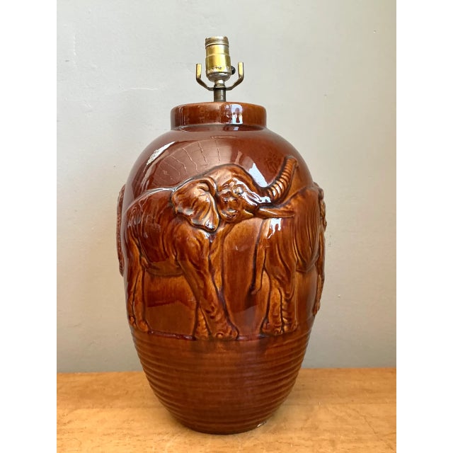 Mid-Century Modern Vintage Brown Glazed Ceramic Elephant Lamp For Sale - Image 3 of 12