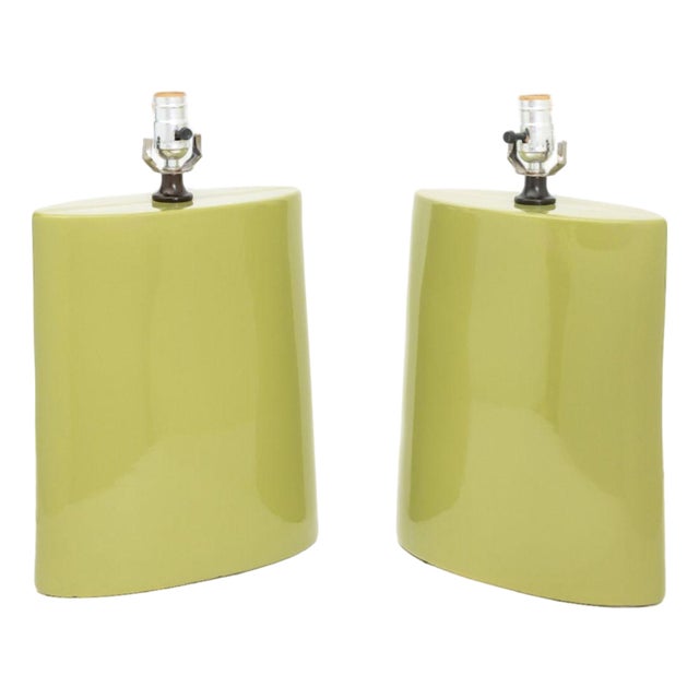 Late 20th Century Modernist Lime Green Glazed Ceramic Lamps, Pair For Sale