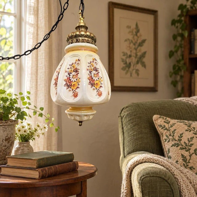 Vintage French Country Floral Glass Swag Plug in Lamp Pendant Light Reading Nook For Sale - Image 4 of 9