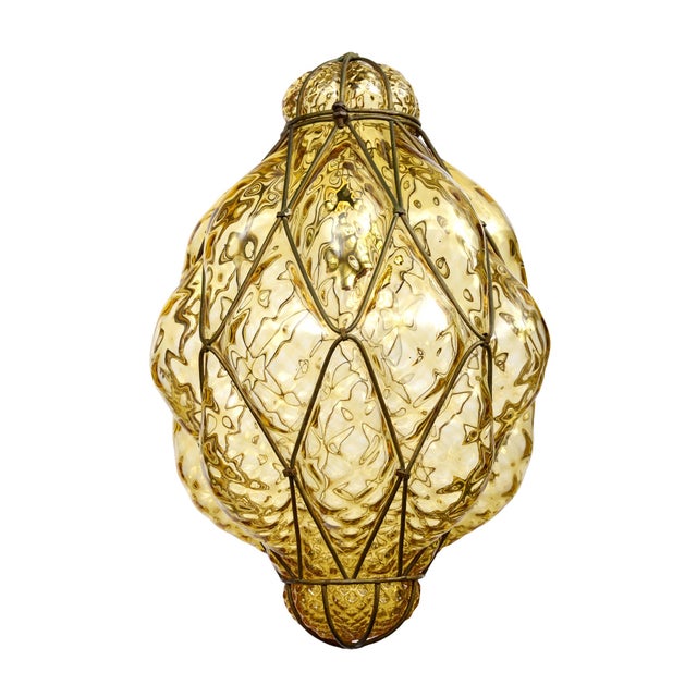 Metal Antique Venetian Citrine Glass and Wrought Iron Lantern, Circa 1920 For Sale - Image 7 of 9