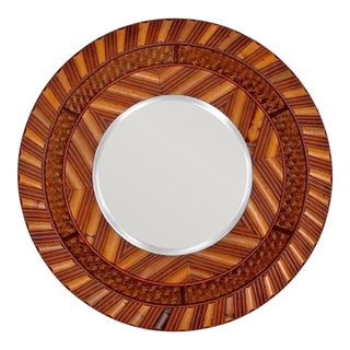 Modernist Bamboo, Rattan & Wood Circular Mirror Late 20th Century For Sale