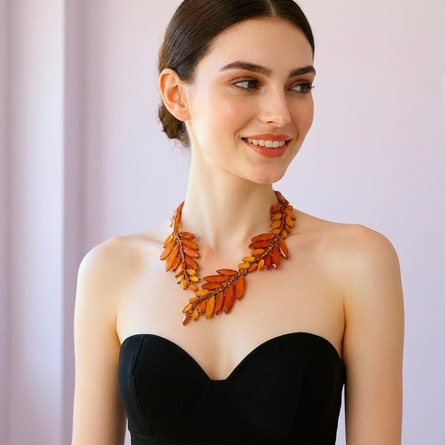Oscar De La Renta 22k Gold Plated Orange Amber Resin Leaf Statement Necklace For Sale - Image 10 of 13