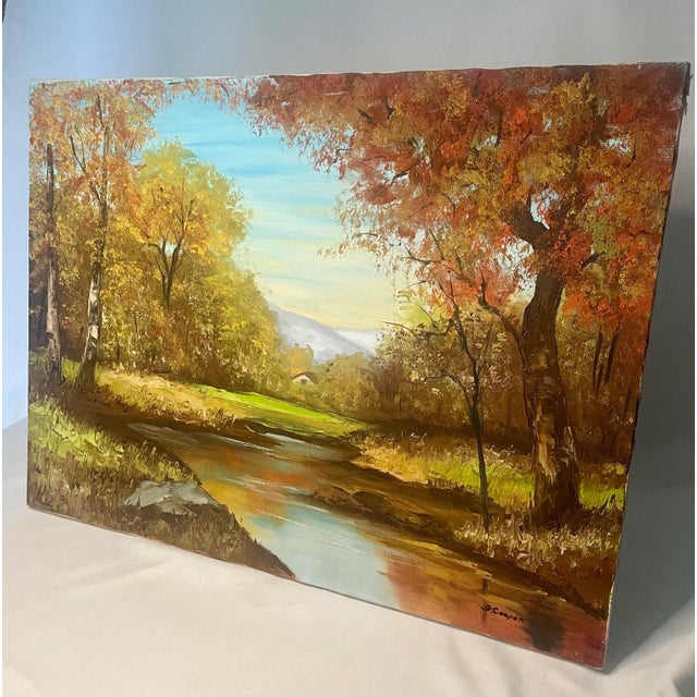 Textile Vintage Traditional Impressionist Still Life Autumn Landscape Original Oil Painting, Chartreuse, Copper, Orange For Sale - Image 7 of 11
