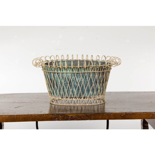 Metal Rustic French Midcentury Oval Metal Cachepot with Scrolling Effects For Sale - Image 7 of 12