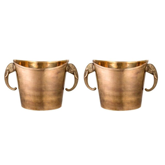 Patinated Brass Ice Buckets with Elephant Head Handles, Set of 2 For Sale - Image 4 of 5