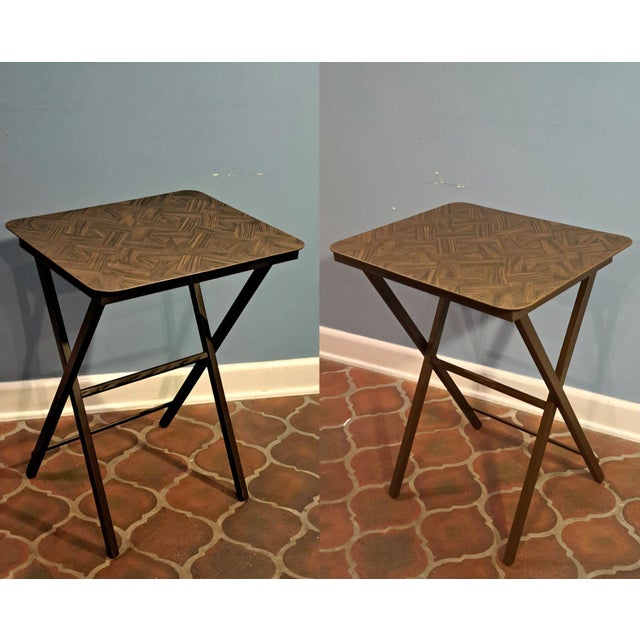 Mid-Century Modern Mid-Century Modern Parquet Wood Tv Tray Tables, Set of 5 With Stand For Sale - Image 3 of 13