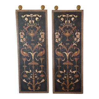 Vintage Maitland Smith Hand Painted UrnWall Panels With Brass Lion Finials - A Pair For Sale