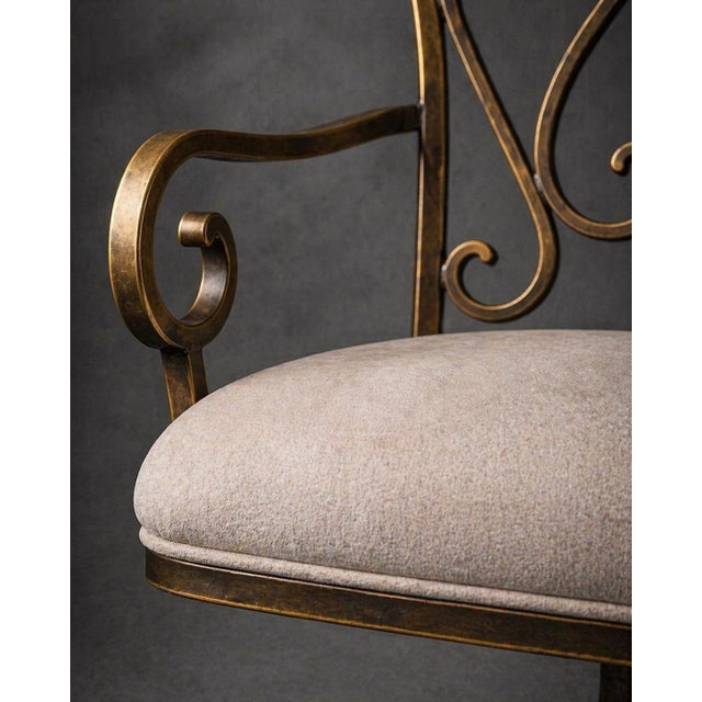 Late 20th Century Pair of Vintage Sunlit Bronze Scrollwork Swivel Armchairs — Suede Seats, Rolling Casters, 38” H For Sale - Image 5 of 6