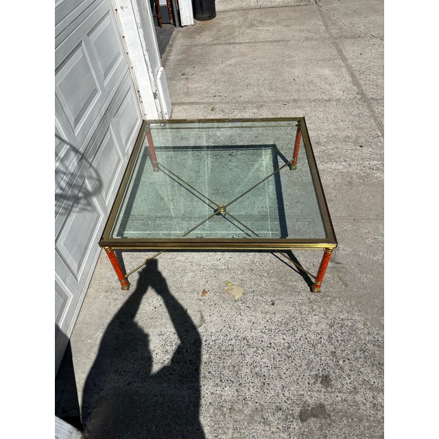 Mid 20th Century Mid 20th Century Hollywood Regency Neoclassical Brass & Faux Tortoise Bamboo Coffee Table With Glass Top For Sale - Image 5 of 12