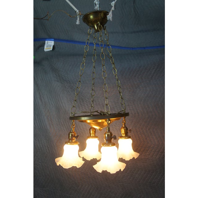 Antique Victorian Brass Ruffled Glass 4 Light Parlor Pendant Light Chandelier For Sale - Image 12 of 13
