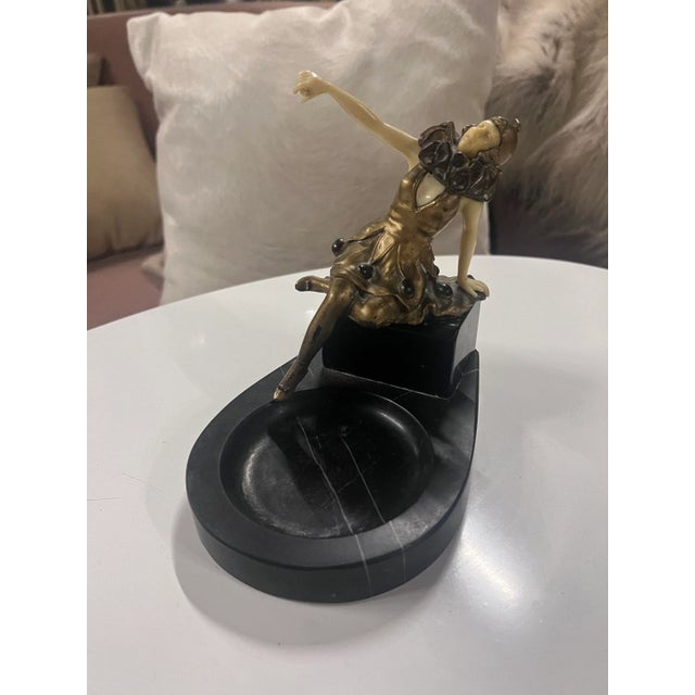 Stone Antique French Art Deco Bronze Harlequin Posing on Marble Pedestal Ashtray For Sale - Image 7 of 10
