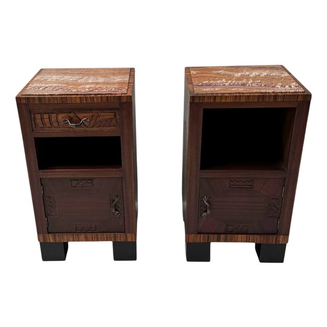 Art Deco Nightstands with Multi-Colored Marble Tops, 1930s, Set of 2 For Sale