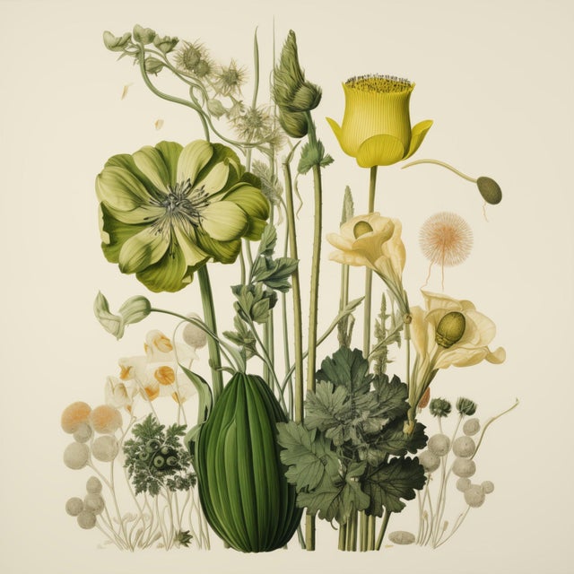 This fine art print reproduces a beautifully detailed 19th-century botanical illustration depicting an elegant arrangement...