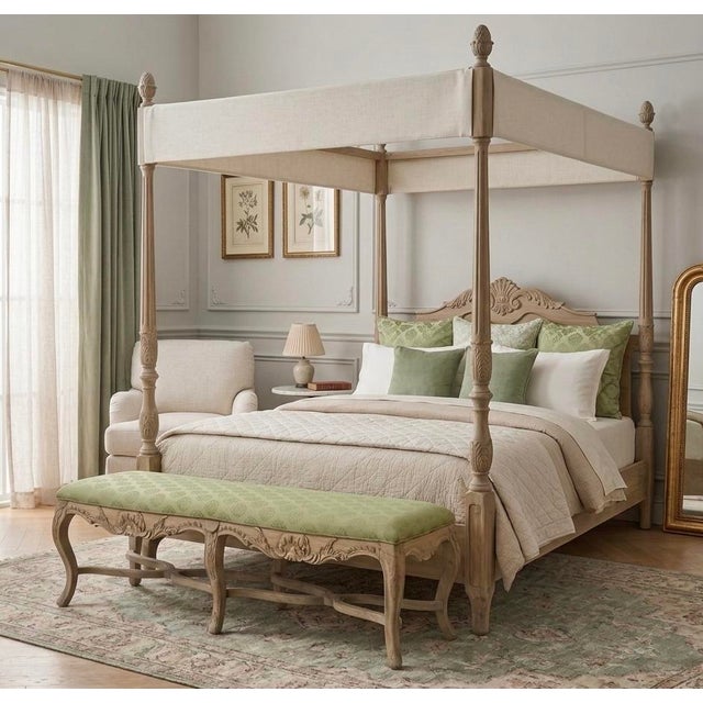 1970s 20th-C. Large Scale French Provincial Cerused and Carved Fruitwood Bench / Ottoman Green Damask For Sale - Image 5 of 5