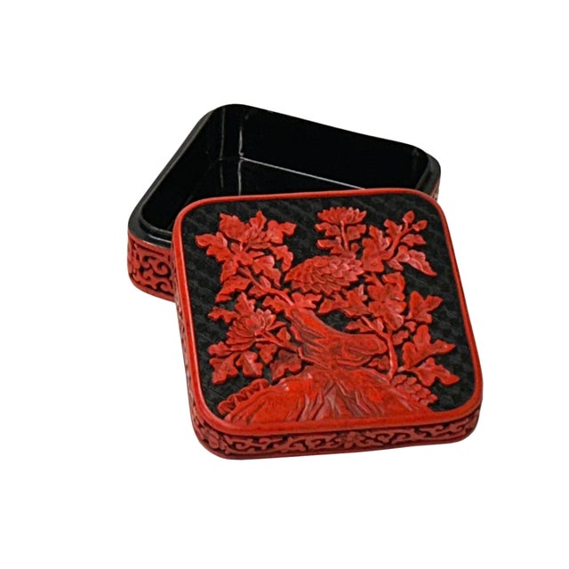 Handcrafted Vintage Chinese Red Lacquer Square Floral Accent Box For Sale - Image 9 of 9