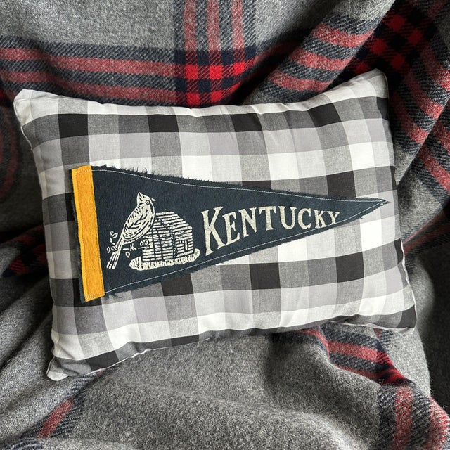 American Kentucky Vintage Pennant on New Woven Plaid Throw Pillow For Sale - Image 3 of 4