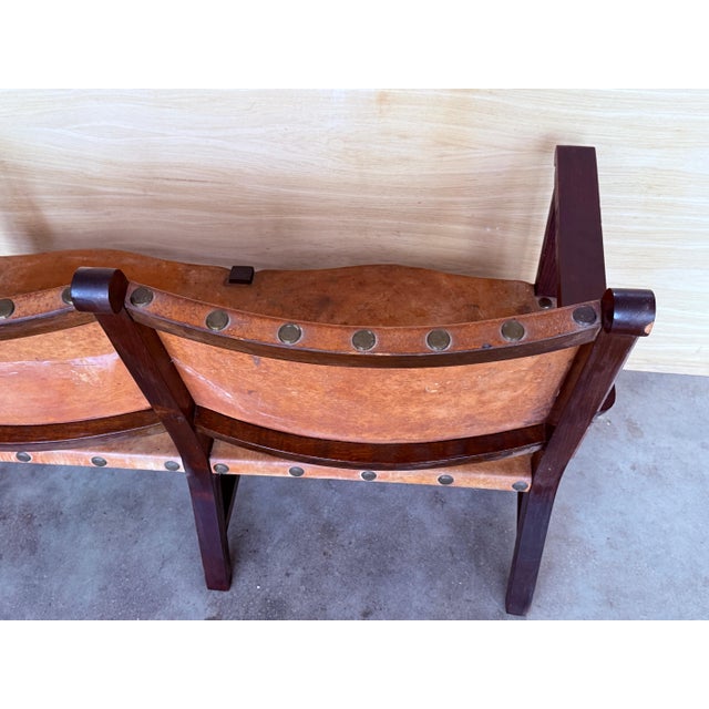 Walnut Leather Brown Spanish Sofa, Bench 18th Century Baroque Cordoba Ironwork For Sale - Image 13 of 18