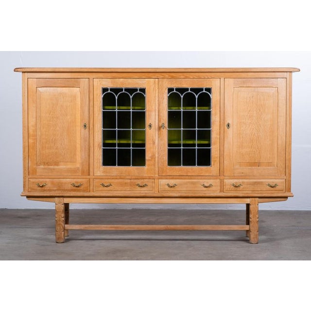Brutalist Danish Oak Highboard with Leaded Green Glass, 1960s For Sale - Image 6 of 9