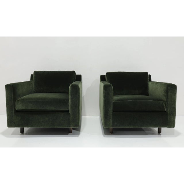 A beautiful luxurious pair of Harvey Probber style lounge chairs in a rich forest green mohair, designed to epitomize the...
