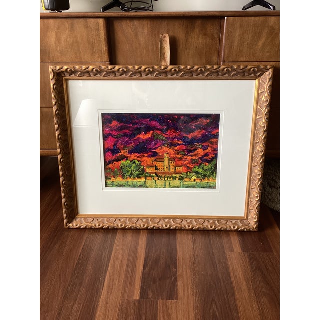 Violet Susan R. Wilson Original Oilstick Expressionist Mediterranean Landscape, Signed & Professionally Framed For Sale - Image 8 of 9