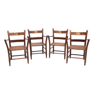Early 20th Century Set of Four American Colonial Revival Hand-Painted Armchairs, Woven Splint Seats For Sale