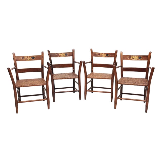 Early 20th Century Set of Four American Colonial Revival Hand-Painted Armchairs, Woven Splint Seats For Sale