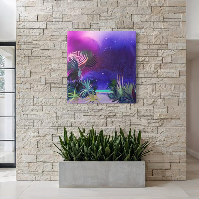 Violet "Playa Maya" by Javiera Da Fonseca Ilić, Mexico Tropical Beach, Palm Trees Caribbean Coastline, Colorful Jungle Landscape, Original Oil Painting For Sale - Image 8 of 10