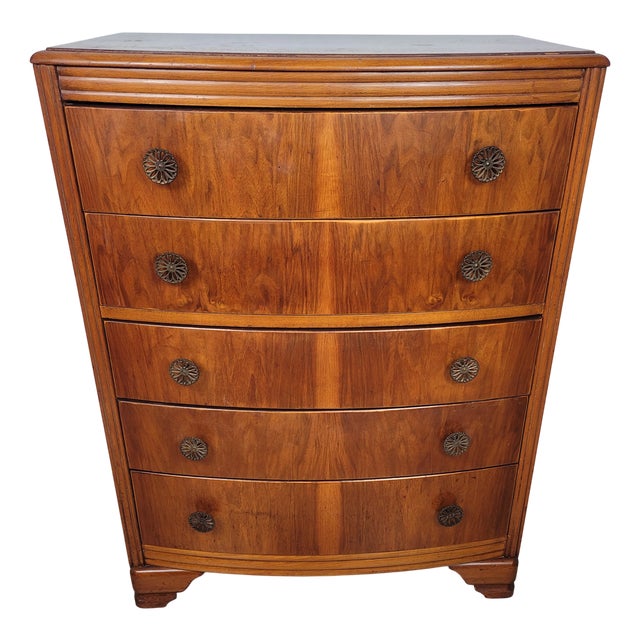 Vintage English Bow Front Chest of Drawers in Walnut, 1960s For Sale