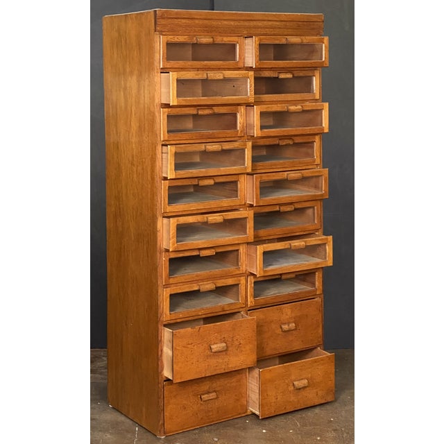 Industrial Double Haberdasher's Cabinet With Glass-Fronted Drawers From England For Sale - Image 3 of 12