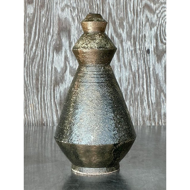 Vintage Boho Original Studio Pottery Scored Vase For Sale - Image 4 of 6