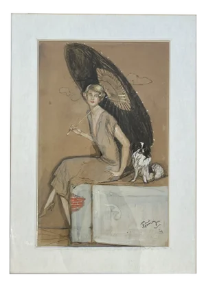 Jean-Gabriel Domergue, Lady with Parasol and Dog, Mixed Media